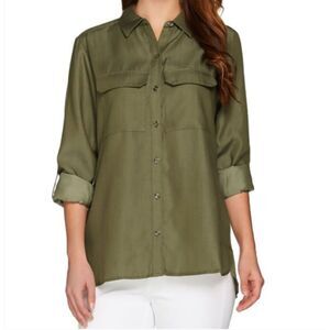 C Wonder Carrie Button Down Camp‎ Shirt Olive Green Lyocell Plus Size 18W